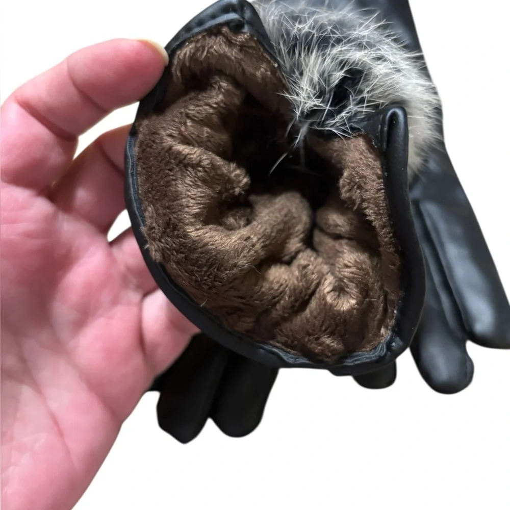 Black Faux Leather Gloves Fur Accent Puff Small